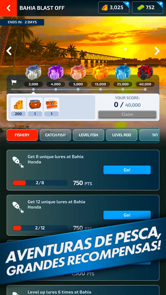 Ecrã de Fishing Blitz com desafios de pesca