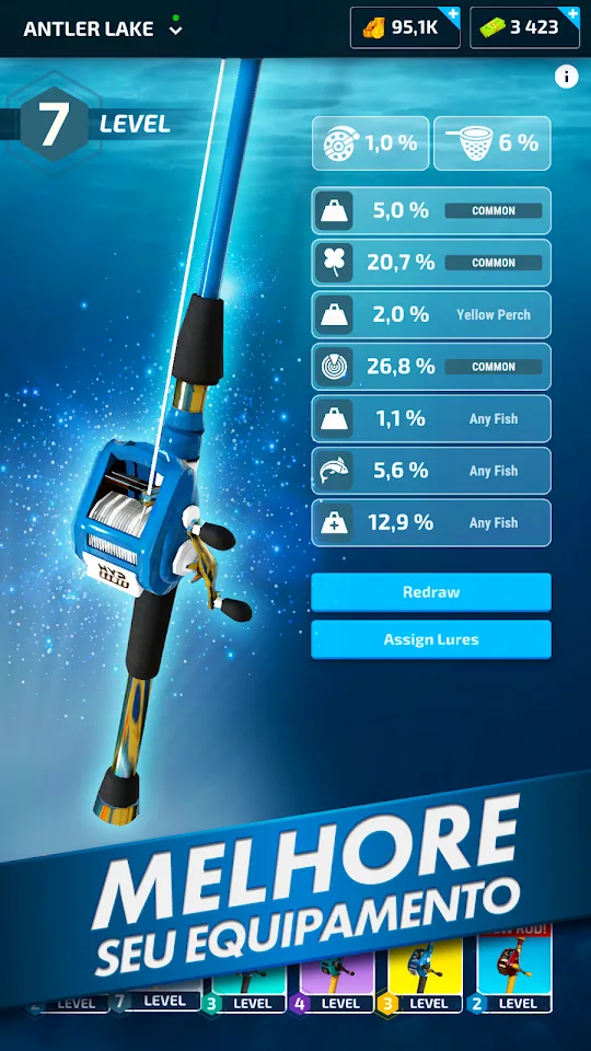 Statistiche di una canna in Fishing Blitz con le percentuali per specie